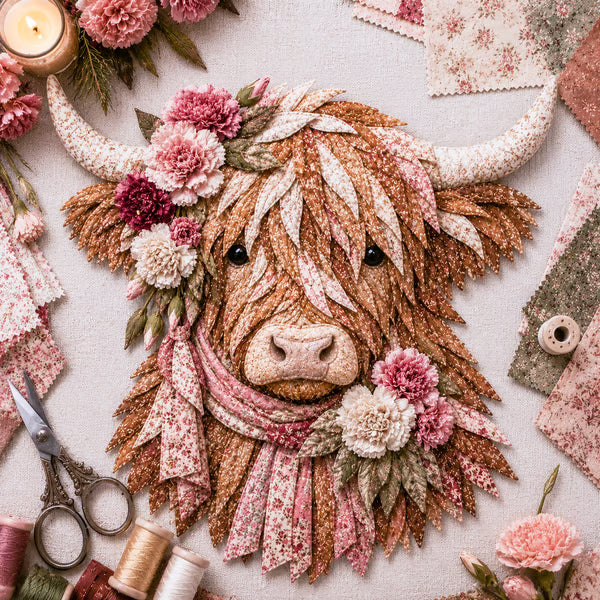 ⏰LAST DAY 49% OFF - 🐮💐🌸 Birth Flower Highland Cow 3D Layered Fabric Art DIY Kit | Complete Kit Included