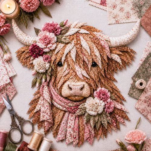 ⏰LAST DAY 49% OFF - 🐮💐🌸 Birth Flower Highland Cow 3D Layered Fabric Art DIY Kit | Complete Kit Included