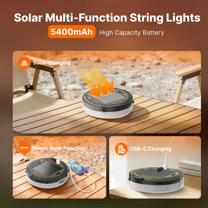 49.2FT Retractable Solar Camping String Lights – 5400mAh Waterproof Outdoor Light