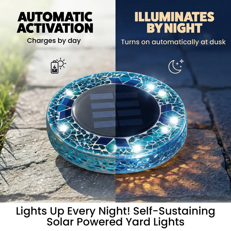Stained Glass Mosaic Disk Lights, Automatic, Wireless, Waterproof, Outdoor Decorative Pathway LED Garden Lights
