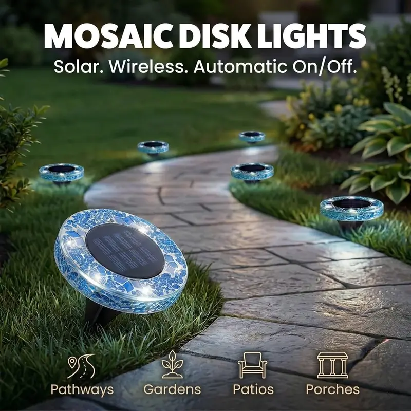 Stained Glass Mosaic Disk Lights, Automatic, Wireless, Waterproof, Outdoor Decorative Pathway LED Garden Lights