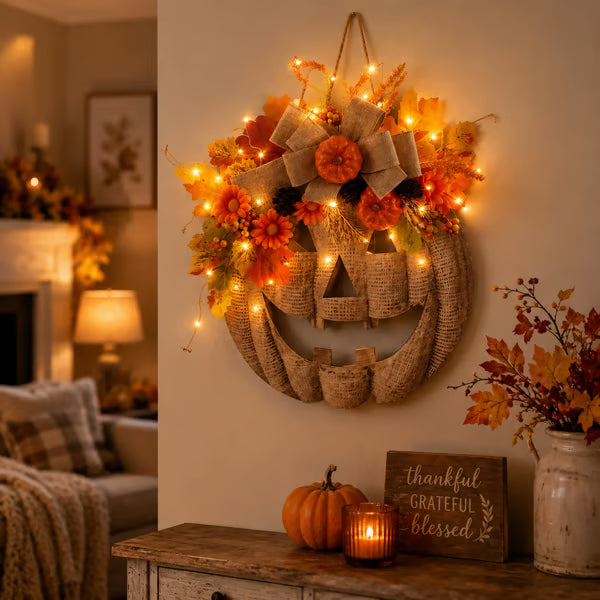 🎉🎃✨ Lighted Burlap Pumpkin Wreath