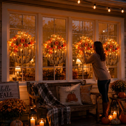 🎉🎃✨ Lighted Burlap Pumpkin Wreath