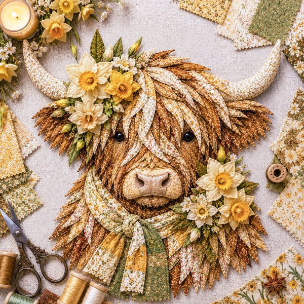 ⏰LAST DAY 49% OFF - 🐮💐🌸 Birth Flower Highland Cow 3D Layered Fabric Art DIY Kit | Complete Kit Included