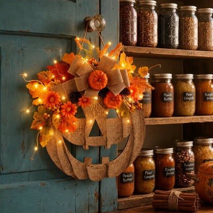 🎉🎃✨ Lighted Burlap Pumpkin Wreath