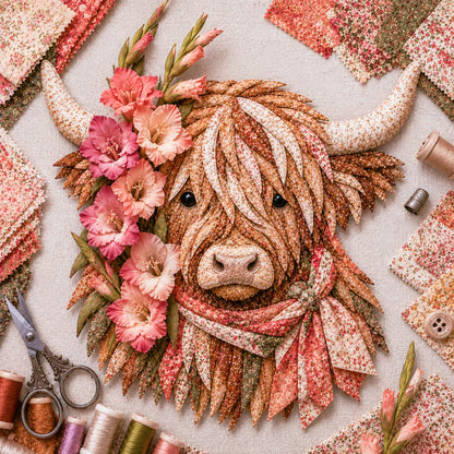 ⏰LAST DAY 49% OFF - 🐮💐🌸 Birth Flower Highland Cow 3D Layered Fabric Art DIY Kit | Complete Kit Included