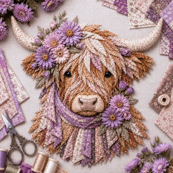 ⏰LAST DAY 49% OFF - 🐮💐🌸 Birth Flower Highland Cow 3D Layered Fabric Art DIY Kit | Complete Kit Included