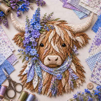 ⏰LAST DAY 49% OFF - 🐮💐🌸 Birth Flower Highland Cow 3D Layered Fabric Art DIY Kit | Complete Kit Included