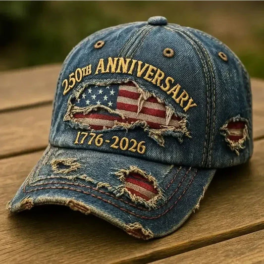 250th Anniversary 1776-2026 Distressed Denim Baseball Cap for Men American Flag Embroidery