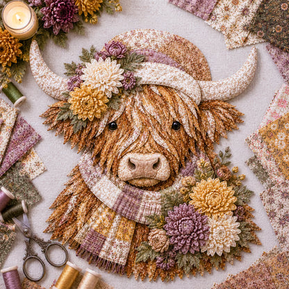⏰LAST DAY 49% OFF - 🐮💐🌸 Birth Flower Highland Cow 3D Layered Fabric Art DIY Kit | Complete Kit Included