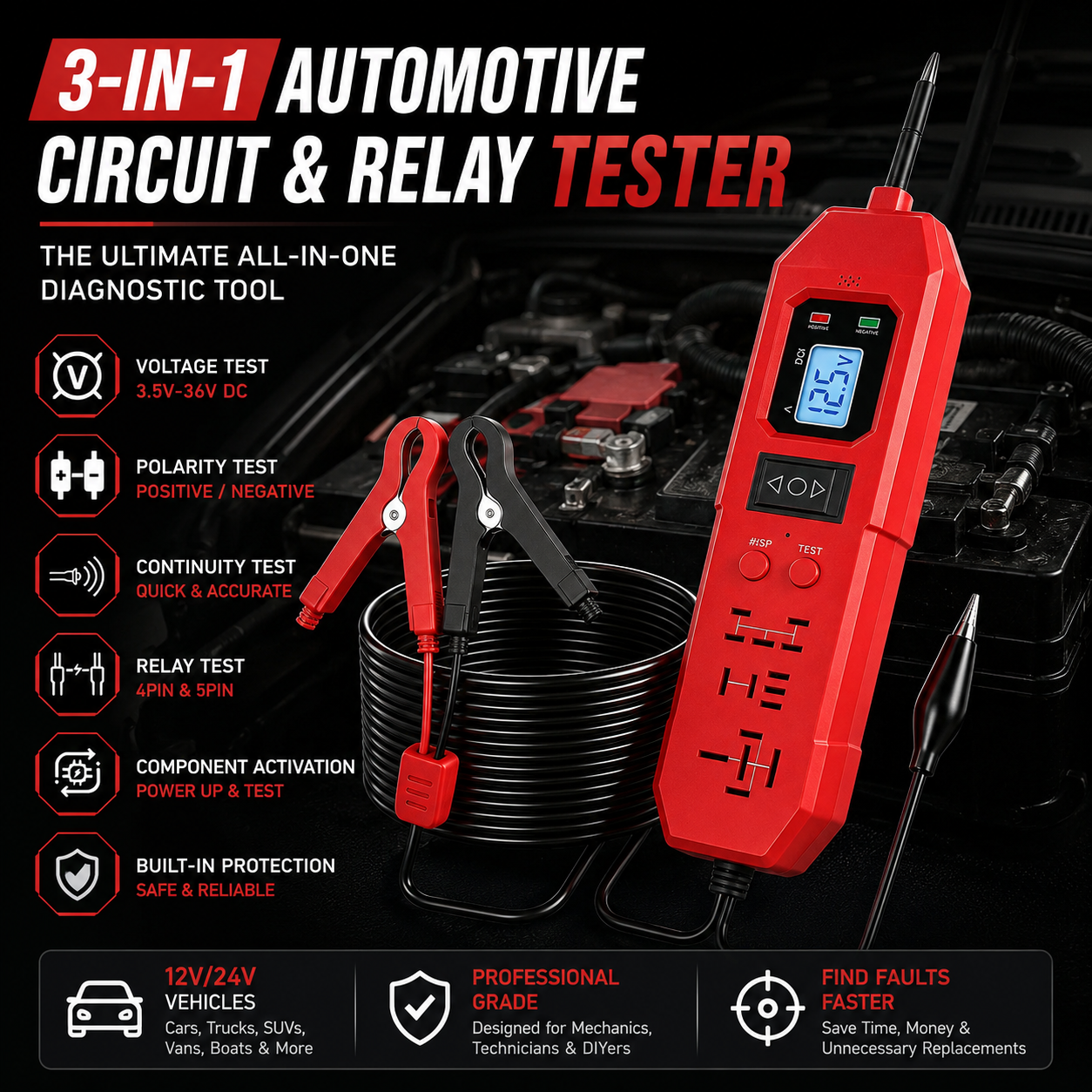 🚗3-in-1 Automotive Power Circuit Probe & Relay Tester – 12V/24V Electrical Diagnostic Tool