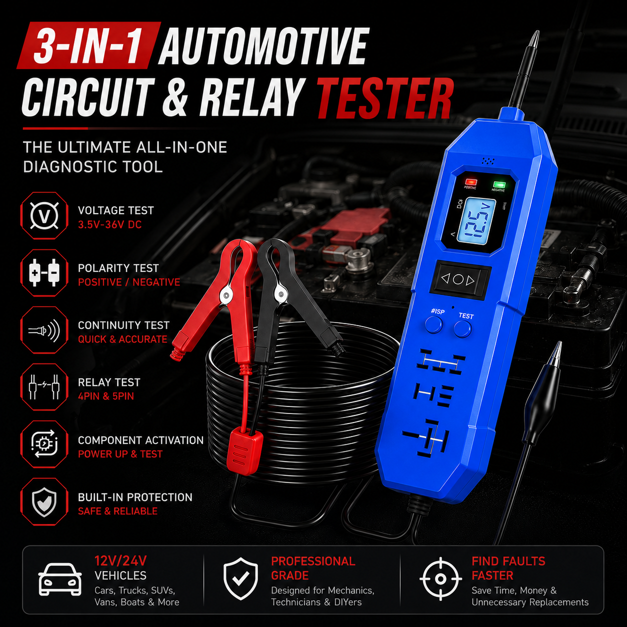 🚗3-in-1 Automotive Power Circuit Probe & Relay Tester – 12V/24V Electrical Diagnostic Tool