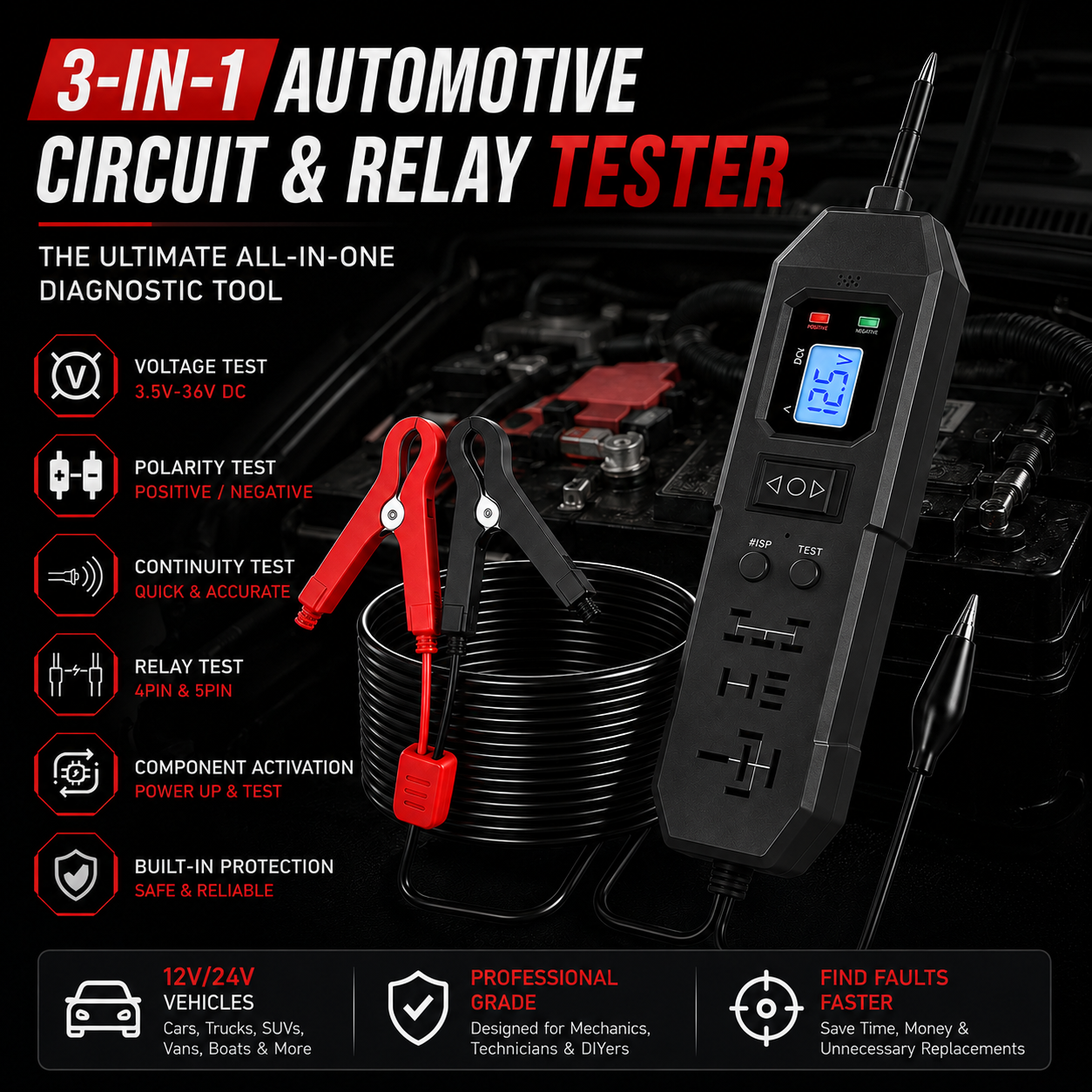 🚗3-in-1 Automotive Power Circuit Probe & Relay Tester – 12V/24V Electrical Diagnostic Tool