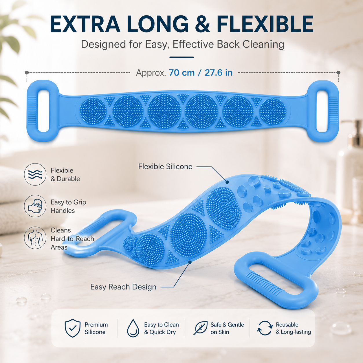 🚿 Double-Sided Silicone Back Scrubber – Long Exfoliating Bath Brush