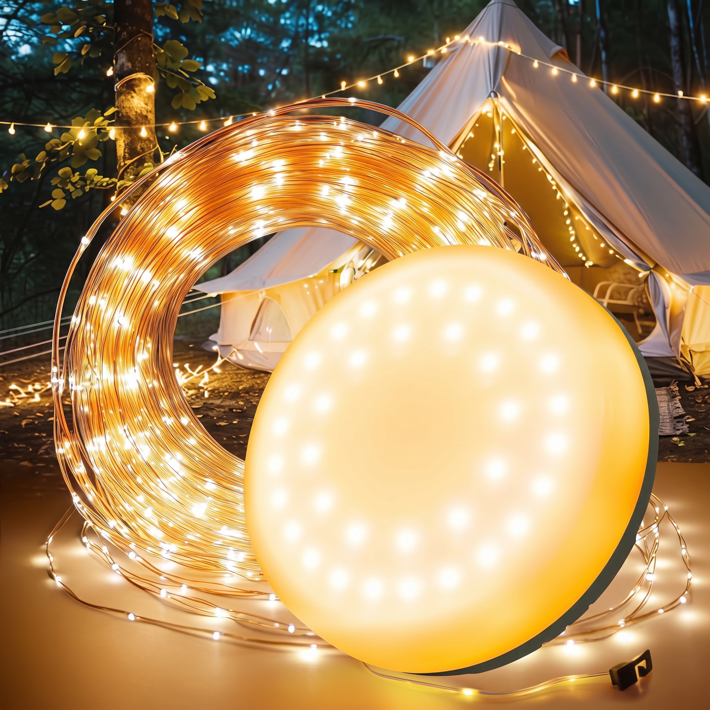 49.2FT Retractable Solar Camping String Lights – 5400mAh Waterproof Outdoor Light