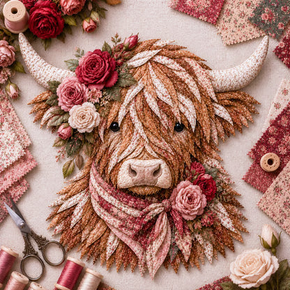 ⏰LAST DAY 49% OFF - 🐮💐🌸 Birth Flower Highland Cow 3D Layered Fabric Art DIY Kit | Complete Kit Included