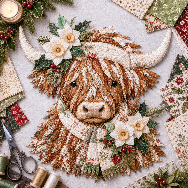 ⏰LAST DAY 49% OFF - 🐮💐🌸 Birth Flower Highland Cow 3D Layered Fabric Art DIY Kit | Complete Kit Included